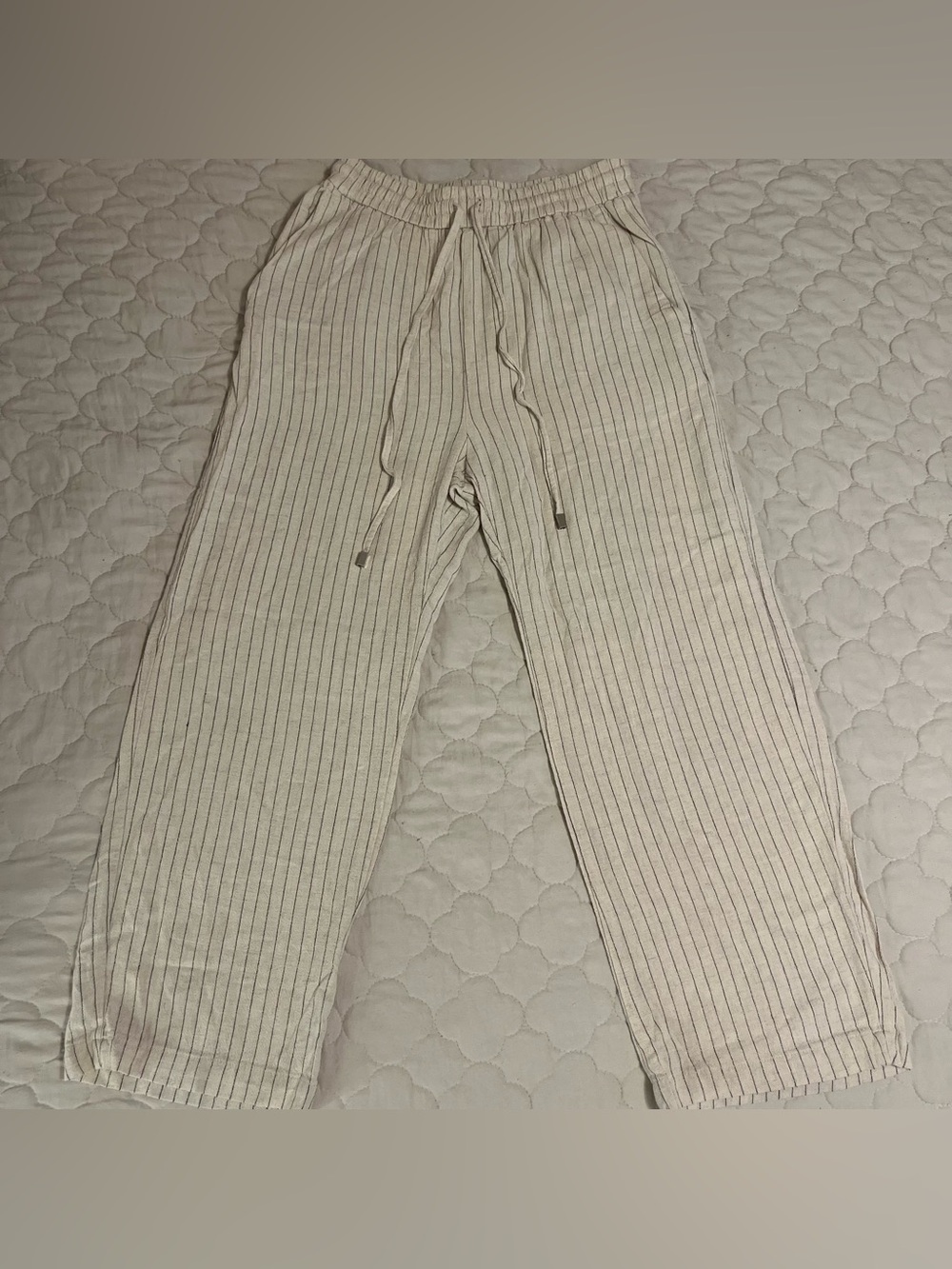 Zara Cream / Off White & Blue Vertical Striped Linen Blend Straight Leg Pants